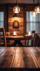 Fototapeta premium A rustic wooden table in a warmly lit interior, evoking a sense of comfort and homeliness