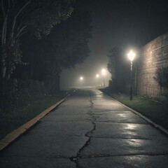 a dimly lit, foggy alleyway at night.