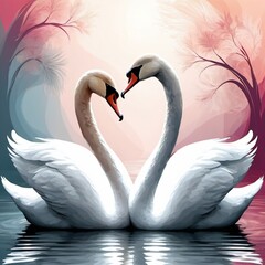 Fototapeta premium a pair of elegant swans gracefully swimming on a calm body of water. Their long, graceful necks are curved into a heart shape, creating a romantic and harmonious pose. 