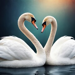Fototapeta premium a pair of elegant swans gracefully swimming on a calm body of water. Their long, graceful necks are curved into a heart shape, creating a romantic and harmonious pose.
