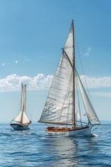Fototapeta premium Vintage Wooden Sailboats Gliding in a Classic Regatta Against a Blue Sky