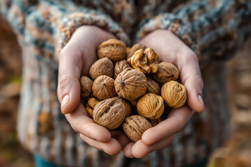 A close-up image of hands cradling fresh walnuts, ideal for content themed around harvest season and organic agriculture.