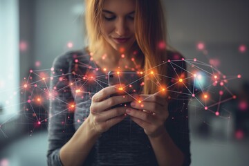 A woman is looking at her cell phone in a room with a lot of lines and dots. Concept of technology and connectivity, as well as the idea that the woman is engaged with her phone