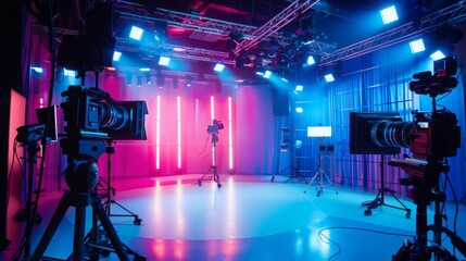 Three cameras are positioned on tripods in a studio with bright pink and blue lighting. The cameras are ready to record.