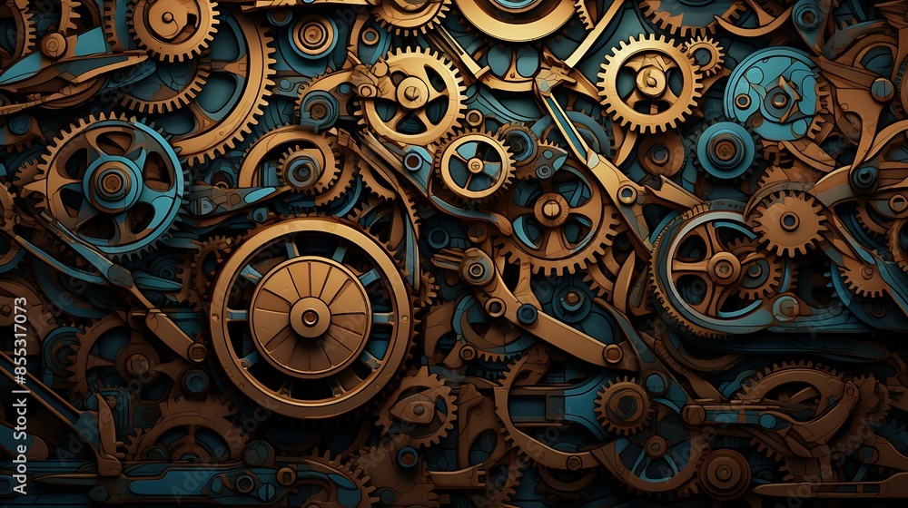 Poster an illustration of a complex machine with gears and cogs. the machine is made of brass and has a ste