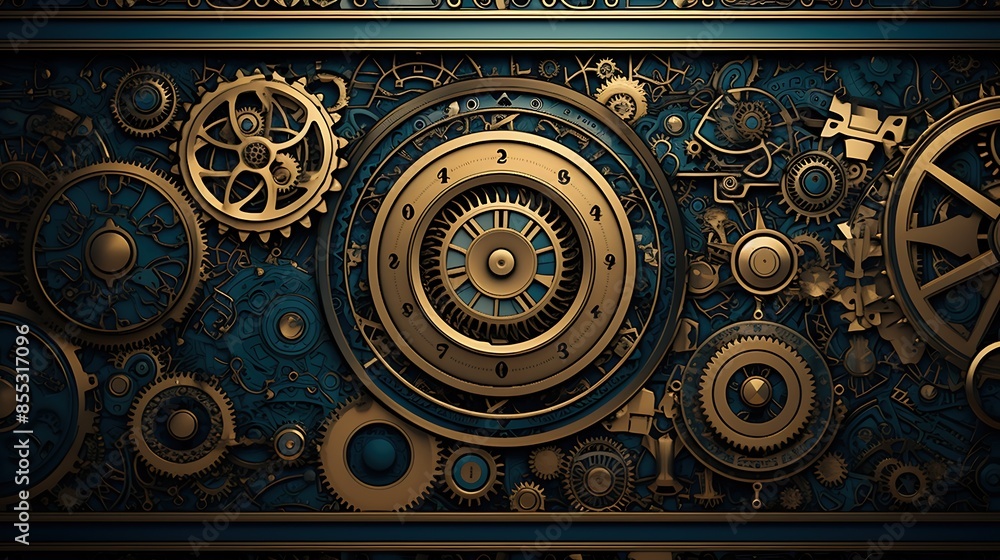 Aufkleber an intricate clockwork design with gears and cogs in a steampunk style. the metallic elements are go