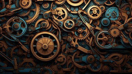 An illustration of a complex machine with gears and cogs. The machine is made of brass and has a steampunk aesthetic.