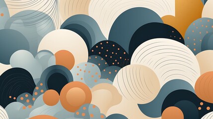 Abstract background with simple and soft shapes. Pastel colors with blue, orange and beige. Organic and geometric shapes. Mid century modern style.