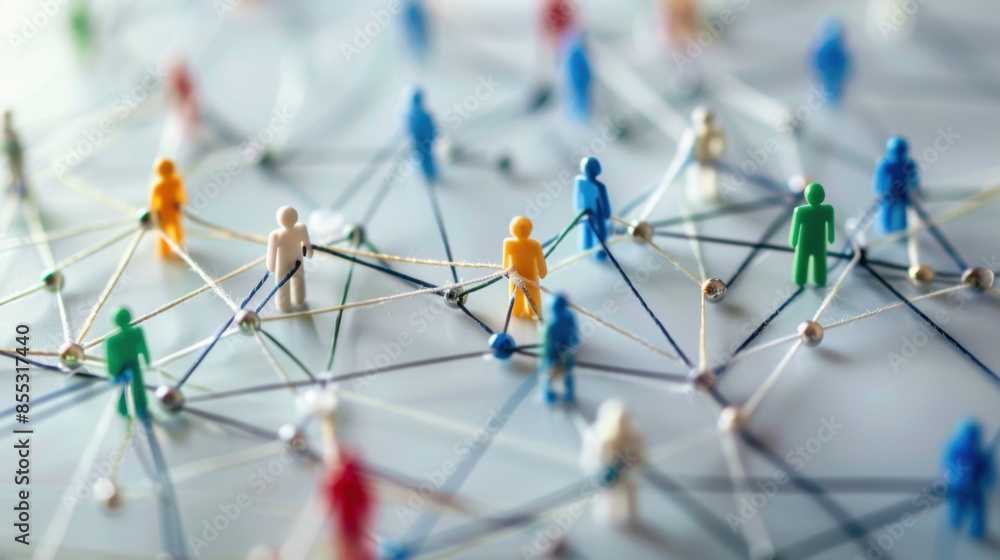 Poster an abstract representation of a network with colorful figures interconnected by strings.