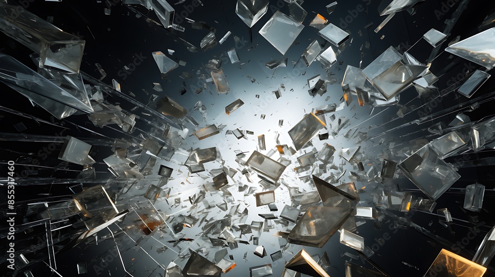 Poster 3d rendering of shattered glass. abstract background with sharp edges and reflective surfaces.