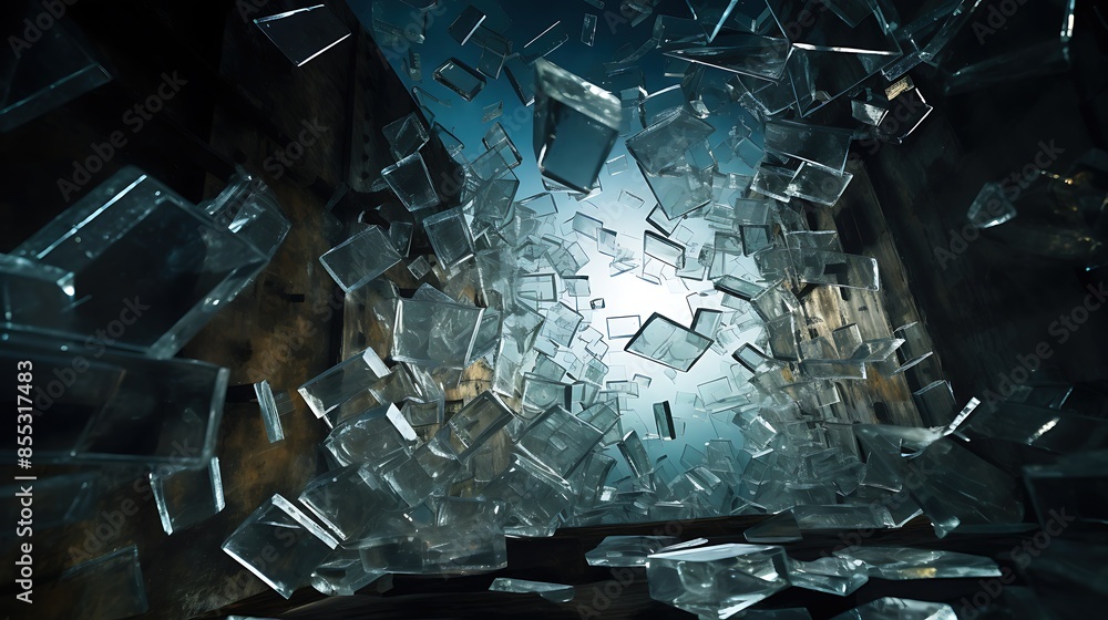 Poster broken glass from an explosion flies in all directions. the sharp edges of the glass sparkle in the 