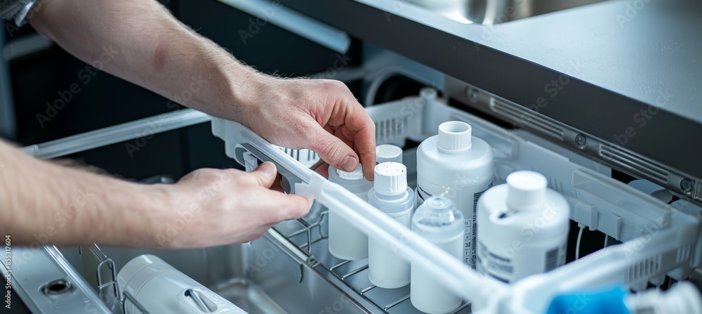 Poster compact water filter system installation in kitchen - highlighting technical components and hands-on