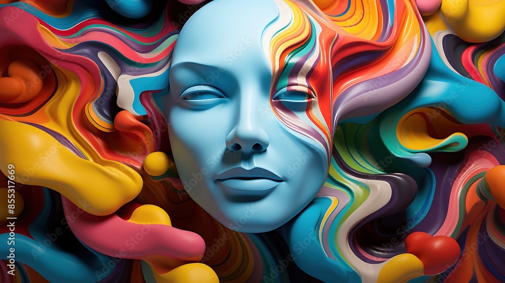 Poster 3d rendering of a woman's face with colorful abstract waves.