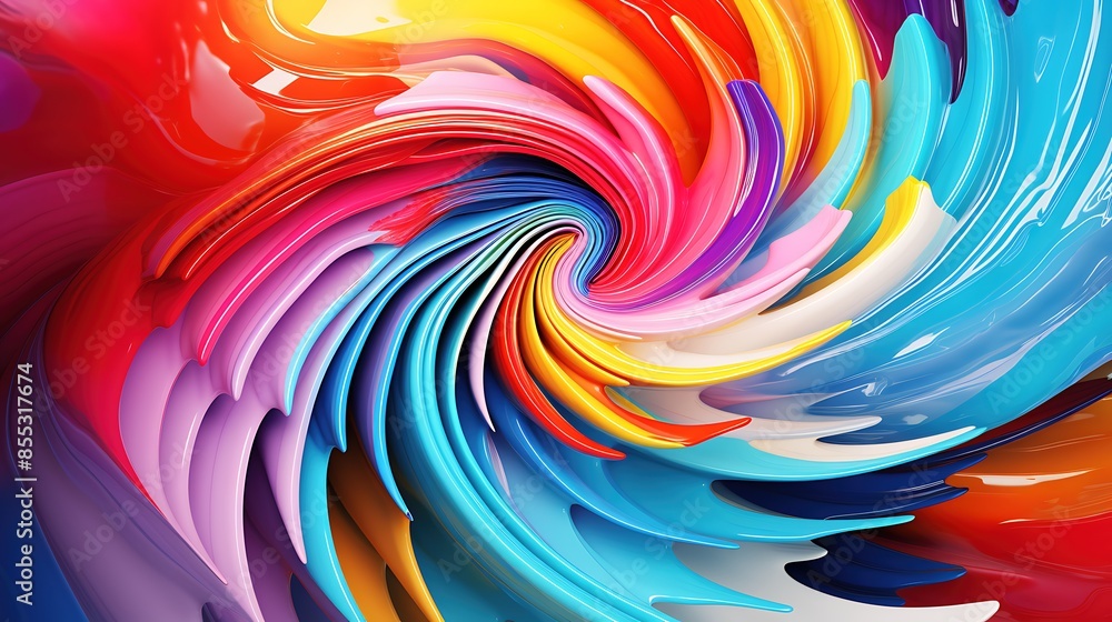 Poster 3D rendering. Vibrant colors. Multicolored twisted shapes. Abstract digital art.