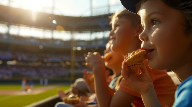 Family Enjoying a Baseball Game with Children Eating Snacks in the Stadium at Sunset