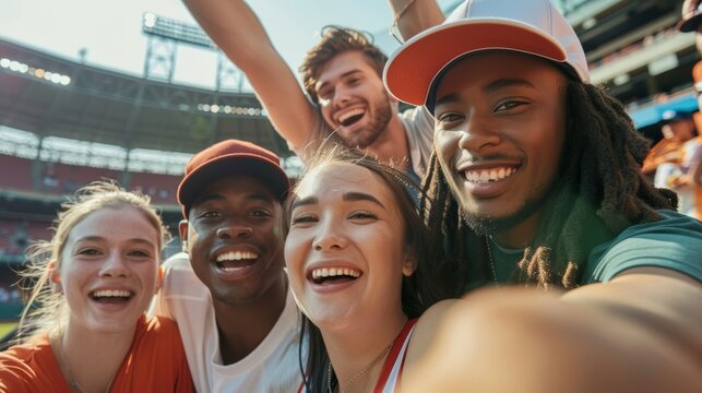 Joyous Friends Taking Selfie at Baseball Game with Lively Stadium Atmosphere