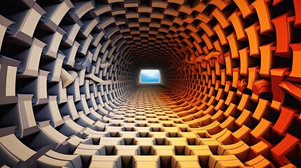 3D rendering of a futuristic tunnel with glowing blue light at the end of the tunnel.