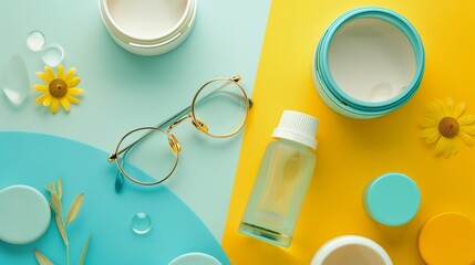Flat lay of skincare products on colorful split background. Captures essentials like moisturizers, glasses, and floral elements. Ideal for health, beauty, and wellness themes in stock photography. AI