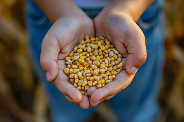 A child is holding corn kernels in their hands in a closeup view, celebrating the autumn harvest season. Ideal for promoting seasonal festivities, agricultural traditions, and healthy eating