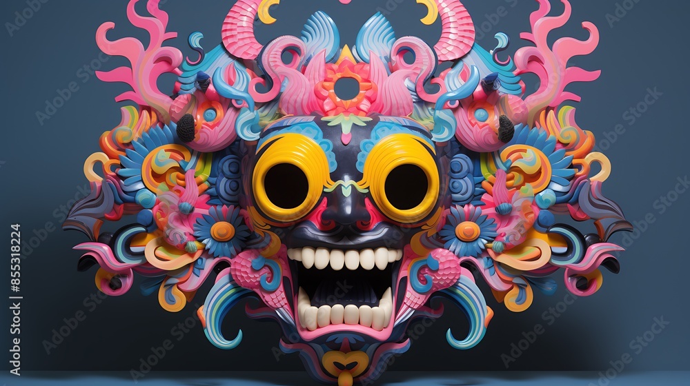 Poster this is a 3d rendering of a colorful and intricate mask.