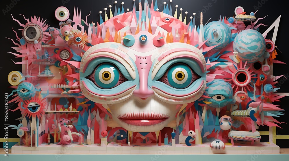 Poster this is a highly detailed and colorful 3d rendering of a surreal face.