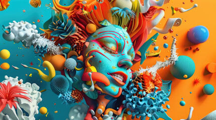 Obraz premium Digital artwork of a blue-skinned female face surrounded by colorful organic shapes. Playful expression, vibrant shades of blue, orange, and yellow