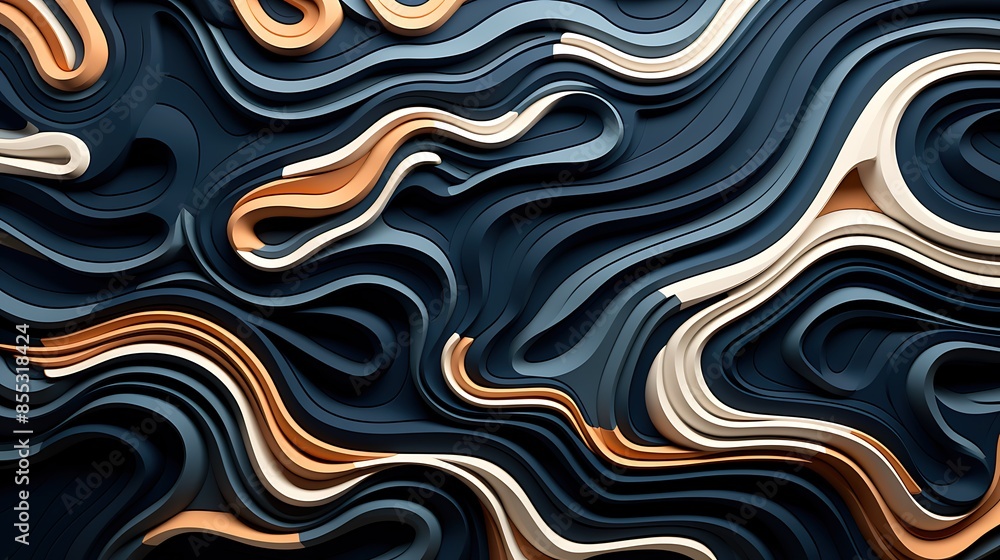 Poster abstract background with a flowing pattern of blue, white and orange waves.