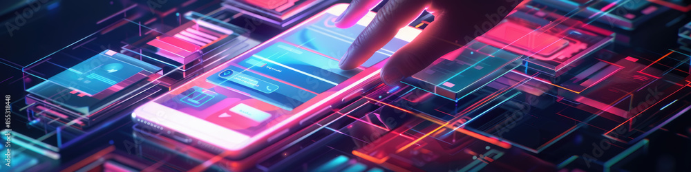 Poster a finger touching a smartphone screen is highlighted by glowing lines and shapes, representing a viv