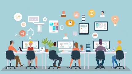 A team of 6 designers are working on a project in a modern office. They are sitting at desks in front of computers. There are various design icons floating in the background.