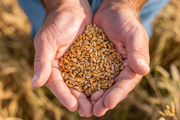 A close-up image of hands gently holding wheat grains in a field bathed in sunlight represents agriculture and the abundance of the harvest.
