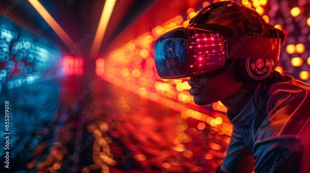 Poster a person wears a vr headset in a dimly lit space with red and blue lights creating a dynamic atmosph