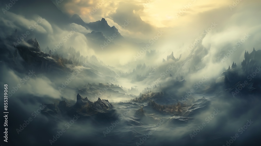 Poster foggy mountain landscape with a hint of sunlight breaking through the clouds. the mountains are cove