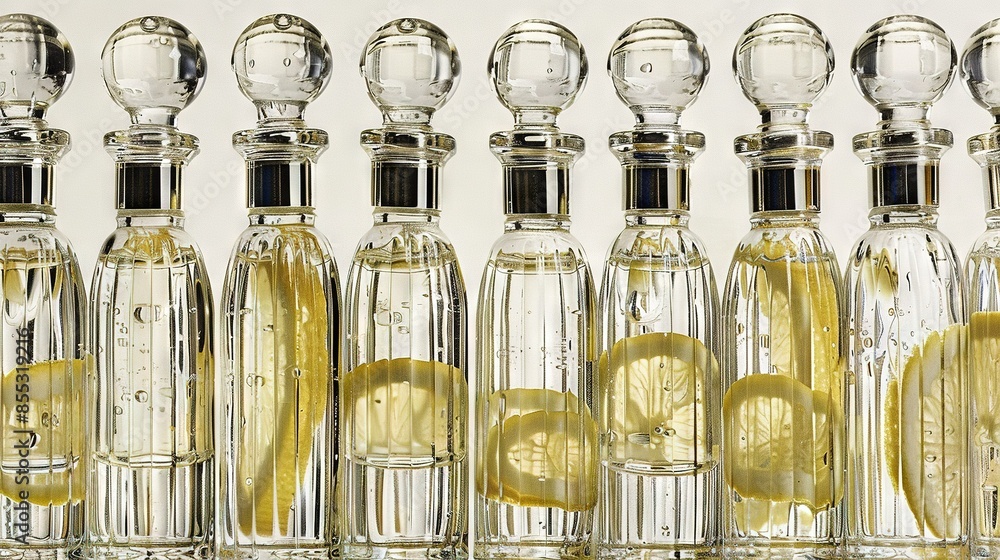 Poster a row of glass bottles filled with various liquids and lemon slices on top