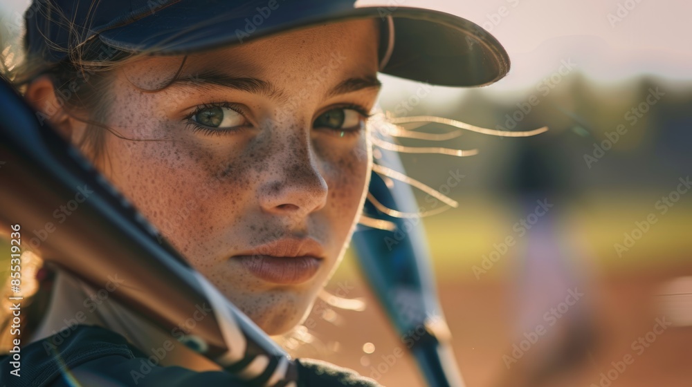 Poster determined softball player prepares to swing with blurred pitcher in background
