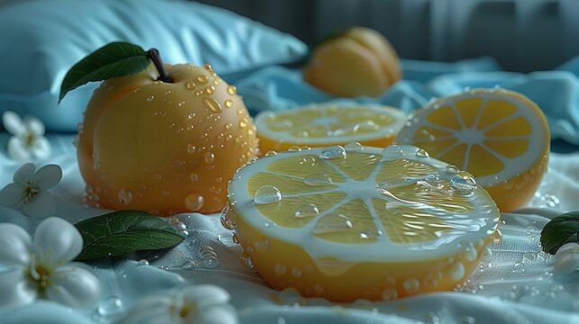  A few oranges rest atop a white bedcover beside a blue comforter and a white flower