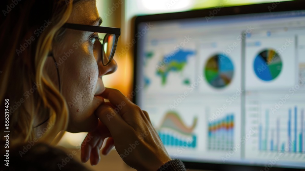 Poster a woman with glasses is concentrating on a computer screen filled with colorful charts and graphs.