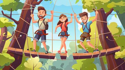 Obraz premium A cartoon image depicting three friends on an outdoor ropes course. The friends are smiling and appear to be having fun