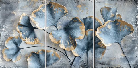 3 panel art set of elegant light blue and gold ginkgo leaves on grey background, simple design, elegant, symmetrical