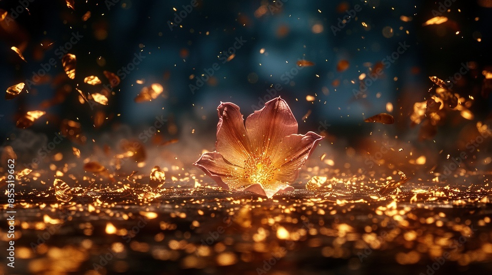 Poster a zoom-in of a bloom resting on a platform with golden speckles and an azure sky overhead