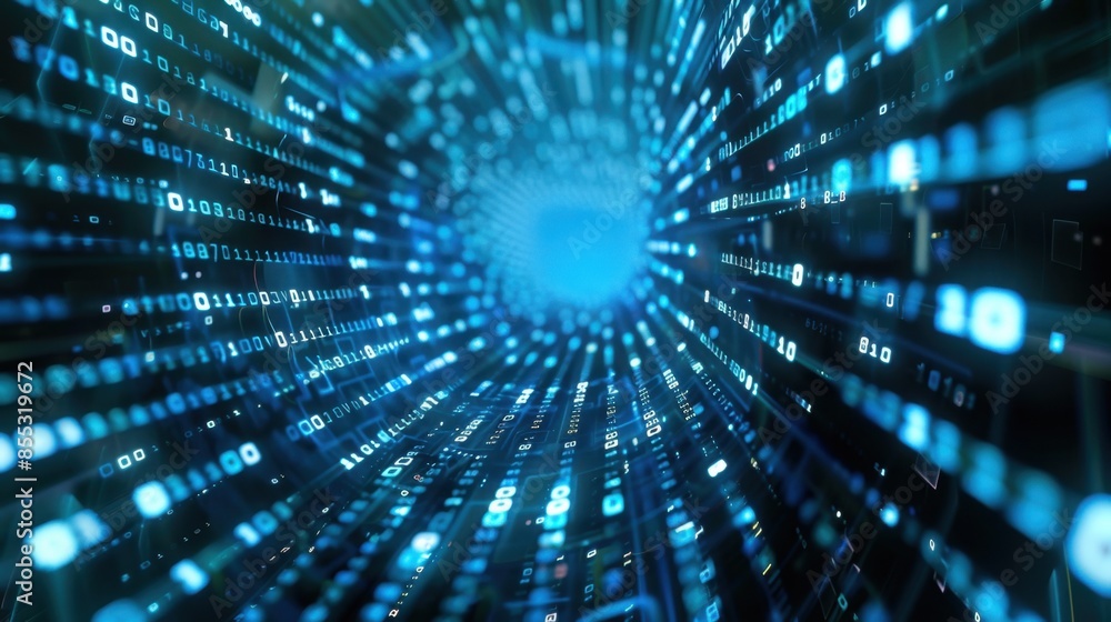 Poster a swirling digital tunnel with binary code shining bright blue in a futuristic background.