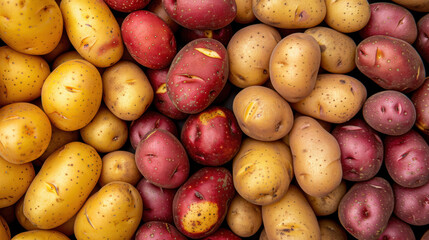 Variety of Fresh Potatoes: Red, Yellow, and Brown. National Potato Day and National Potato Month, food blogs, agricultural promotions, and healthy eating campaigns.