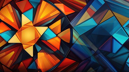 Obraz premium Stained glass window with a colorful geometric pattern. The window is divided into several sections, each with its own unique design.