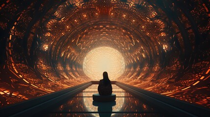 The image is a dark tunnel with a bright light at the end. A woman is sitting on a platform in the...