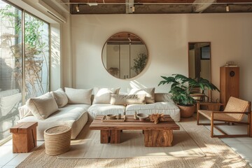 Scandinavian style living room with cozy sofa and wooden furniture