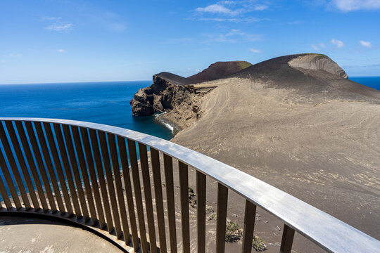 View from the lighthouse of the arid zone of the capelinhos volcano, Faial island in the Azores archipelago.