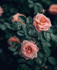 A bush of pink roses blooms, with green leaves in the foreground and a blue sky in the background