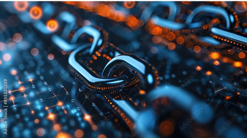 Poster a close-up of a shiny metal chain, illuminated by an abstract backdrop of glowing lines and bokeh li