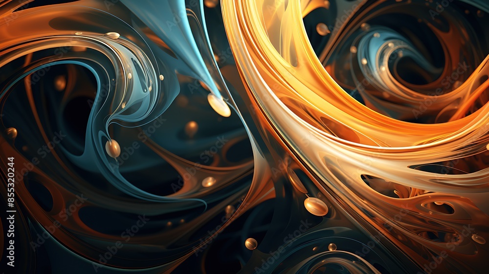 Poster 3d rendering of abstract orange and blue liquid shapes with a glossy surface.