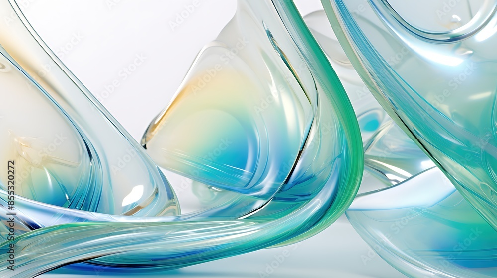Poster 3d render of abstract glass shapes. the shapes are smooth and flowing, and the colors are soft and m