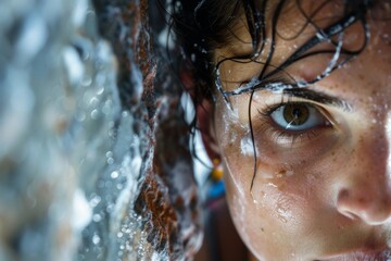 Intense Concentration and Determination on Climber's Face During Challenging Ascent